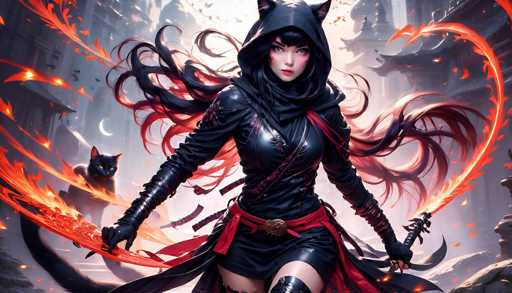 This image is a highly detailed, computer-generated illustration of a young woman who appears to be a superhero or warrior. She has long, flowing black hair with red tips and is adorned in a sleek, black leather outfit that includes a hood with cat ears, a long-sleeved top, and a short skirt. A red sash is tied around her waist, and she wears black boots. Her striking blue eyes and red lipstick add to her fierce appearance. She is wielding a sword in her left hand, which is engulfed in flames, and her right hand also appears to be on fire. 

Behind her, a black cat with yellow eyes and a long tail stands on its hind legs, adding to the mystical atmosphere. The background features a gray cityscape with tall buildings, a crescent moon, and a sky filled with birds and fiery elements, enhancing the dramatic and intense mood of the scene.