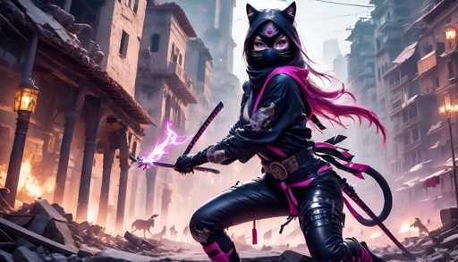 A lone, cat-eared ninja in a cyberpunk-inspired outfit kneels amidst the rubble of a ruined city. She wields glowing purple energy blades, her masked face determined. The scene is bathed in a warm, hazy light, with smoke and debris filling the background, emphasizing a post-apocalyptic atmosphere. The art style is detailed and digital painting-like, with a focus on dynamic action and dramatic lighting.