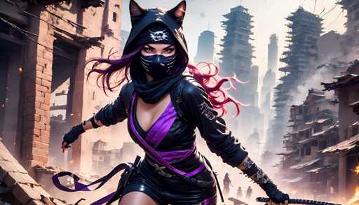 The image depicts a highly detailed, computer-generated female character set against a backdrop of a war-torn cityscape. She stands in the foreground, adorned in a sleek black leather outfit that includes a short skirt and a long-sleeved top. Her attire is accentuated by purple straps crisscrossing her chest and waist, and she wears fingerless gloves. Her face is partially obscured by a black mask featuring cat-like whiskers and a skull emblem on the forehead, with cat ears protruding from the hood. Her long, flowing hair transitions from purple to pink. She wields a sword in her left hand, poised for action. The background reveals a city in ruins, with crumbling buildings and tall skyscrapers that are either under construction or being demolished, adding to the chaotic atmosphere. The scene is filled with smoke and fire, enhancing the sense of destruction and turmoil.