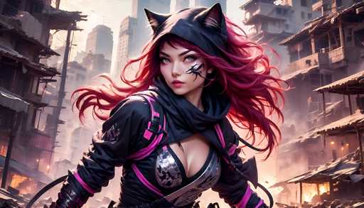 A cyberpunk-style anime woman with vibrant pink hair and cat ears dominates the frame, her gaze intense. She's clad in a futuristic black jacket with pink accents and a detailed silver armor-like chest piece. The background depicts a chaotic, neon-lit cityscape with crumbling buildings and smoke, suggesting a dystopian urban environment. The overall style is highly detailed and digitally painted, emphasizing dramatic lighting and a sense of action.