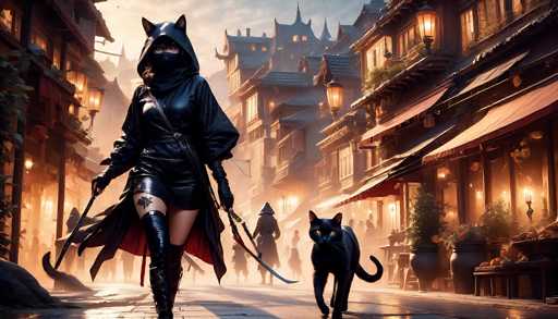 In this detailed and atmospheric scene, a woman stands prominently in the foreground, dressed in a sleek black leather outfit that includes a hood and mask, leaving only her eyes visible. She wields a sword in each hand and has a distinctive star tattoo on her right thigh. Her attire is complemented by thigh-high boots, and a red lining peeks out from beneath her coat. Beside her, a black cat with piercing yellow eyes walks in perfect sync, adding to the mysterious aura of the image. The setting appears to be a medieval European city, characterized by old-style buildings with red awnings and illuminated by lanterns. In the background, a group of people dressed in similar black leather outfits with hoods and swords can be seen, suggesting a band of ninja-like warriors. The scene is set against a backdrop of a grand, castle-like structure, enhancing the sense of an ancient, possibly fantastical world.