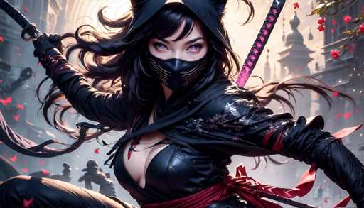 The image depicts a striking female ninja character, likely from a video game or animated series, set against a backdrop of a gray, futuristic cityscape. She is crouched on her right knee, with her left leg extended, and her long, flowing black hair and bangs frame her face. Her eyes are a mesmerizing purple, and she wears a black mask adorned with gold trim that covers her nose and mouth. Her attire includes a black leather bra, a black leather jacket, and a red sash tied around her waist. She also sports black gloves and a hood with cat ears, adding to her mysterious and formidable appearance. In her right hand, she wields a sword with a black handle and pink accents, while a second sword is strapped to her back. The scene is further embellished with red butterflies fluttering around her, and a branch of cherry blossoms can be seen in the top right corner, adding a touch of color to the otherwise monochromatic background.