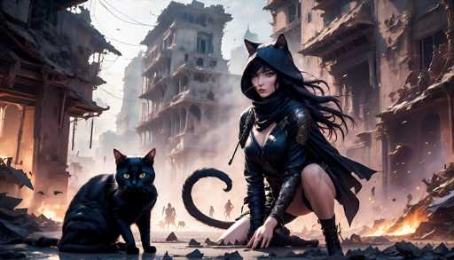 In this detailed digital artwork, a young woman dressed in a sleek black leather outfit crouches amidst the ruins of a once-grand city. Her attire includes a hood adorned with cat ears, and her long black hair flows freely. She wears knee-high boots and a scarf around her neck, with a sword strapped to her back. Her pale skin contrasts sharply with her dark clothing. Beside her, a black cat with striking yellow eyes and a curled tail sits on the ground, its ears also pointed. The background reveals a city in chaos, with crumbling buildings and fires burning on the ground. In the distance, silhouettes of people can be seen amidst the destruction, adding to the scene's intensity. The overall atmosphere is dark and foreboding, with a gray sky looming overhead.