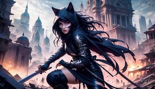 The image depicts a highly detailed, computer-generated scene reminiscent of a video game or animated movie. At the center is a female character with long, flowing black hair and striking blue eyes. She is dressed in a sleek, black leather outfit that includes a hood with cat ears, a cape, and thigh-high boots. Her face is adorned with black markings around her cheeks, and she wears a serious expression as she gazes directly at the viewer. In her right hand, she wields a sword, while her left hand is positioned near her waist, possibly gripping another weapon.

The background features a chaotic cityscape in ruins, with buildings that have been bombed and are on fire. The sky is a mix of blue and gray, filled with clouds and birds, adding to the dramatic atmosphere. The scene is rich in colors, including shades of blue, gray, black, white, pink, orange, and yellow, enhancing the visual intensity of the destruction and the character's poised stance amidst the chaos.