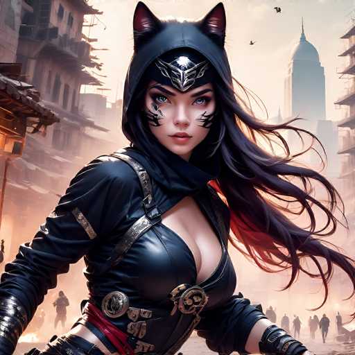 The image depicts a striking female character, possibly from a video game or an animated series, set against a backdrop of a futuristic cityscape. She is adorned in a sleek, black leather outfit that includes a hood with cat ears, and her long, flowing black hair cascades down her back. Her face is accentuated with black markings on her cheeks, and she has piercing blue eyes and pink lips. The character's attire features a low-cut top, revealing some cleavage, and she wears a belt with circular buckles. Her arms are covered in black leather gloves, and she appears to be holding a weapon, possibly a gun, in her right hand. The background showcases a mix of tall, futuristic buildings, some appearing worn and others gleaming, with a few birds flying overhead. The scene is bustling with people walking around, adding to the dynamic urban atmosphere.