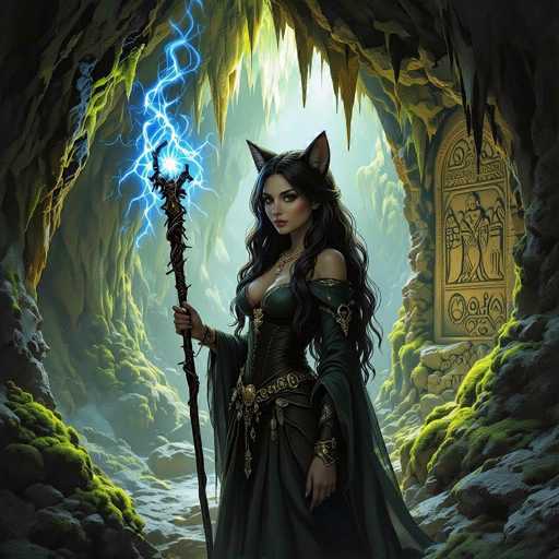 A captivating fantasy illustration depicts a woman with cat ears, clad in dark green attire, holding a glowing staff crackling with blue energy. She stands within a mystical cave, surrounded by moss-covered rocks and glowing crystals. The art style is detailed and painterly, emphasizing a magical, otherworldly atmosphere.