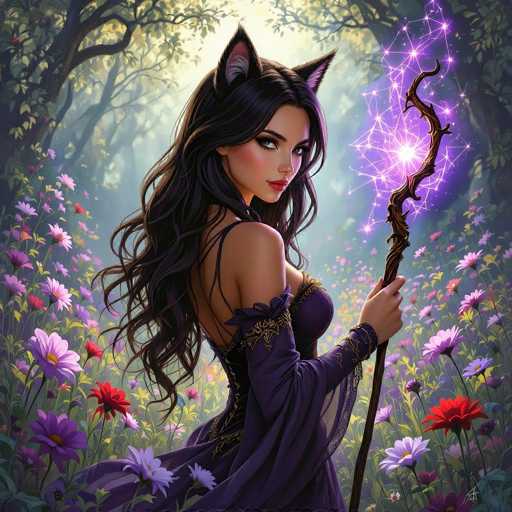 The image depicts a highly detailed, computer-generated fantasy scene featuring a young woman with long, wavy black hair and cat-like ears. She is dressed in a purple, off-the-shoulder gown with intricate gold trim and a corset-like bodice. The woman stands in a lush, magical forest filled with vibrant flowers in shades of purple, pink, red, and white, surrounded by tall trees. She holds a wooden staff adorned with gold accents, from which purple and white magical lights emanate, creating a star-like pattern. The woman's head is turned over her right shoulder, and she gazes directly at the viewer with a serious expression. The overall scene is rich in color and detail, capturing the enchanting atmosphere of the fantasy world.