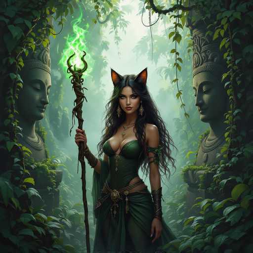 The image depicts a highly detailed, computer-generated fantasy scene set in a lush, misty jungle. At the center stands a striking woman with long, flowing black hair and fox-like ears, adorned in a green, form-fitting dress that reveals her cleavage. She wears a necklace with a pendant and a large belt with a prominent buckle. In her right hand, she holds a staff wrapped in rope, from which green lightning or energy emanates. Her left arm is adorned with a leather strap, and she has long, dangling earrings. Flanking her on both sides are stone statues of women with serene expressions, wearing tall, ornate headdresses and necklaces. The statues are partially obscured by the dense foliage of the jungle, which includes various vines and leaves. The background is filled with a misty atmosphere, enhancing the mystical and enchanting ambiance of the scene.