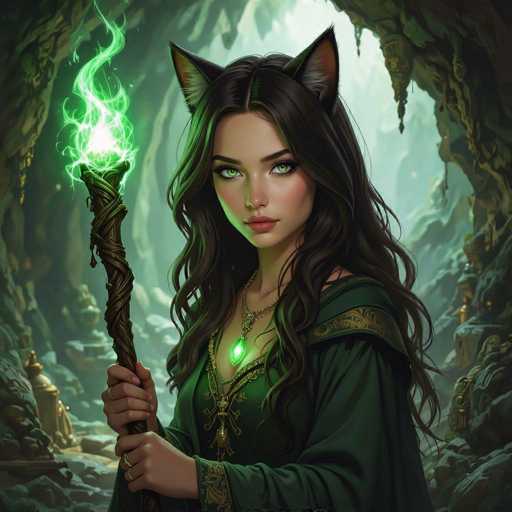 This image portrays a young woman with long, dark brown hair and striking green eyes, standing in a mystical cave. She has cat-like ears, adding a fantastical element to her appearance. She is dressed in a dark green, medieval-style outfit adorned with gold accents, including a cape and a necklace with a glowing green pendant. In her hands, she holds a staff wrapped in green cloth, from which vibrant green flames and smoke emanate. The cave around her is illuminated by a light source behind her, highlighting the rocky formations and creating an ethereal atmosphere. The overall scene exudes a sense of magic and enchantment, reminiscent of a fantasy world.