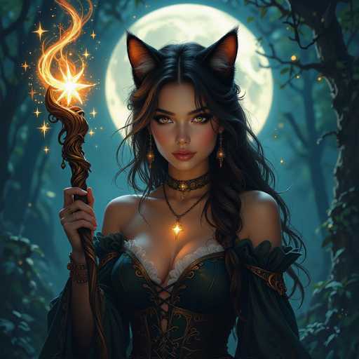 This digital artwork depicts a young woman with long, dark brown hair and striking yellow eyes, adorned with cat ears. She is dressed in a green corset with gold accents, complemented by a choker necklace and a pendant necklace. In her right hand, she holds a staff that emits a magical light, adding to the enchanting atmosphere of the scene. The background features a full moon, trees, and a forest setting, enhancing the mystical and ethereal quality of the image.