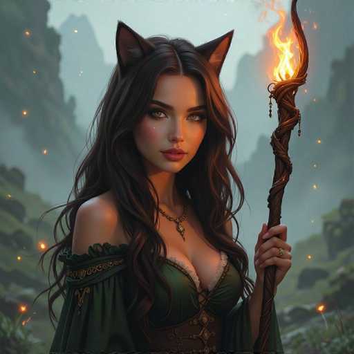 The image depicts a striking, AI-generated fantasy character of a young woman with long, dark brown hair and cat-like ears. She is dressed in a green, low-cut top that reveals her cleavage, and a brown corset-like belt cinches her waist. Her attire includes a green dress with a ruffled, off-the-shoulder design. She wears a necklace with a pendant that dangles between her breasts. The woman's eyes are a captivating green, and she has pink lips. In her left hand, she holds a wooden staff intricately wrapped with rope, from which a flame emanates. The background features a misty, mountainous landscape with green grass and scattered rocks, adding to the mystical atmosphere of the scene.