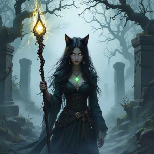 The image depicts a striking female character with cat-like features, including pointed ears and long, flowing black hair. She has mesmerizing yellow eyes and is adorned with a green gem necklace. Her attire consists of a black corset-like top and a flowing black dress. In her right hand, she holds a staff topped with a glowing yellow orb, from which lightning emanates. The background is a foggy graveyard, filled with headstones and trees, adding to the eerie atmosphere. The character's intense gaze is directed straight at the viewer, creating a powerful and captivating scene.