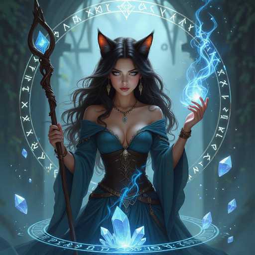This image is a detailed, computer-generated illustration of a female witch with cat ears, standing in a mystical forest setting. She has long, flowing black hair and striking blue eyes, with cat ears that are black on the outside and orange on the inside. She is adorned in a blue dress with a brown corset, and a blue crystal necklace. Her attire includes a cape-like garment that drapes over her shoulders. 

In her right hand, she holds a staff topped with a blue crystal, while her left hand is raised, emitting a glowing blue orb of lightning. Surrounding her are floating blue crystals, adding to the enchantment of the scene. The background features a circular portal with ancient runes and symbols, enhancing the magical atmosphere. The overall color palette is dominated by shades of blue, black, and gray, with the blue lightning and crystals providing vivid contrast.