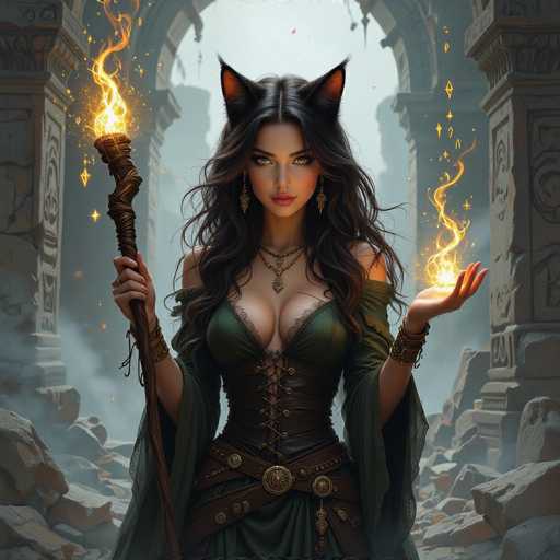 The image depicts a highly detailed, computer-generated fantasy character of a young woman with long, dark brown hair and striking yellow eyes. She has cat-like ears, adding to her mystical appearance. She is adorned with a green dress that features a leather corset laced up the front, complemented by a green cape and various gold jewelry, including necklaces and earrings. In her right hand, she holds a brown staff emitting flames, while her left hand is open, palm up, with fire swirling around it. The background showcases a grand, ancient stone structure with large archways, columns, and scattered rocks, suggesting a temple or castle setting. The scene is filled with a smoky atmosphere, enhancing the magical and enchanting ambiance of the image.