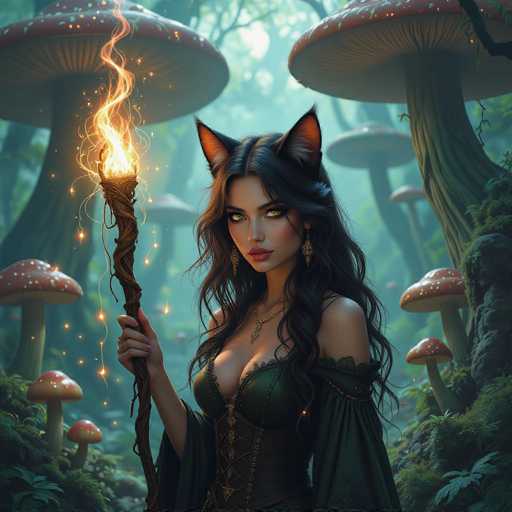 The image depicts a highly detailed, computer-generated scene of a young woman standing in a lush, magical forest. She has long, dark hair cascading over her shoulders and striking green eyes that seem to glow with an otherworldly light. Adorning her ears are cat-like or fox-like ears, adding to her mystical appearance. She is dressed in a green corset with intricate lacing and a matching green dress, complemented by a necklace and dangling earrings. In her right hand, she holds a brown staff or wand that emits a radiant, fiery glow, with sparks and flames dancing around it. The background is filled with towering red-capped mushrooms with white spots, some as tall as trees, creating a fantastical and enchanted atmosphere. The overall scene is vibrant and magical, with the woman appearing to be a powerful enchantress or witch in this enchanted forest.