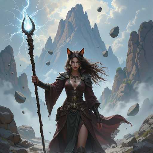 The image depicts a striking fantasy scene featuring a female character with long, flowing brown hair and fox-like ears. She is adorned in a detailed outfit that includes a red dress with a black corset, a green skirt, and a cape. Her attire is complemented by leather gloves, a necklace, and a belt with a large buckle. The character stands confidently in a mountainous landscape, with a prominent, jagged mountain in the background. Surrounding her are floating rocks, adding to the mystical atmosphere. In her right hand, she wields a staff topped with a glowing blue orb, from which lightning emanates, illuminating the scene. The overall composition suggests a powerful and enchanting moment, possibly from a fantasy video game or animated series.