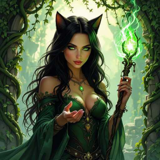 The image depicts a highly detailed, computer-generated fantasy character of a young woman who appears to be a witch. She has long, flowing black hair with cat-like ears protruding from the top of her head. Her striking green eyes and red lips add to her mystical appearance. She is adorned in a green dress with a low-cut neckline, complemented by a green cape that drapes over her shoulders. Around her neck, she wears a necklace featuring a green gemstone. In her left hand, she holds a staff topped with a glowing green orb, from which green smoke emanates. Her right hand is extended in front of her, palm up, as if casting a spell. The background showcases a stone archway or doorway, intricately wrapped in vines and leaves, with sunlight streaming through, illuminating the scene. The overall color palette is dominated by shades of green, enhancing the magical and enchanting atmosphere of the image.