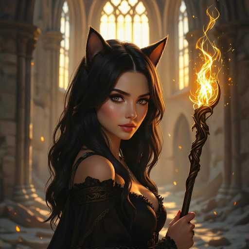 This image depicts a highly detailed, computer-generated or AI-generated fantasy scene featuring a young woman with cat ears. She has long, dark brown hair cascading down her back and striking yellow eyes. Her attire is a black dress with a low-cut neckline, revealing some cleavage, and it has intricate lace detailing around the shoulders. The dress appears to be off-the-shoulder, adding to its elegant yet mysterious allure. She holds a staff or wand in her left hand, which is engulfed in vibrant yellow and orange flames. The background suggests she is in a grand, cathedral-like setting with tall, arched windows and columns, filled with natural light. The floor is littered with debris, possibly rocks or rubble, adding to the sense of an ancient or mystical environment. The overall composition and elements of the image evoke a strong fantasy atmosphere, reminiscent of a scene from a video game or a digital artwork.