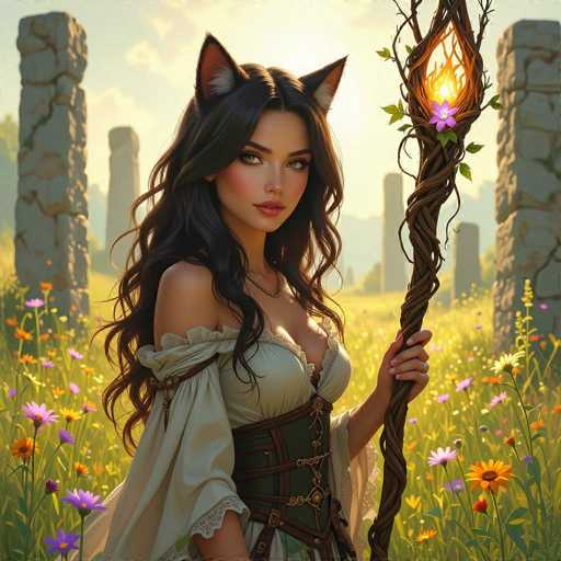 This digital artwork features a striking young woman with long, dark brown hair cascading down her back. She is adorned with cat-like ears, adding a whimsical touch to her appearance. Her attire is a blend of medieval and fantasy elements, consisting of a white dress with a green corset-like top, intricately detailed with brown leather straps. The dress is off-the-shoulder, revealing her bare arms and shoulders, and it has a flowing, cape-like back. She holds a staff in her left hand, crafted from twisted brown wood, with a glowing yellow light emanating from a diamond-shaped opening at the top. A delicate pink flower is nestled within the staff, adding a touch of nature to the magical scene. The background is a lush field of tall grass and vibrant flowers, with ancient stone pillars rising from the ground, enhancing the mystical atmosphere.
