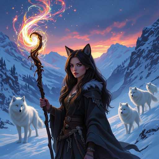 A mystical fantasy scene unfolds: a woman with dark hair and cat ears stands in a snowy mountain landscape, holding a glowing staff. She's surrounded by several white wolves, their eyes gazing towards her. The background features a dramatic sunset with purple and orange hues, contrasting with the snowy peaks. The art style is digital painting, emphasizing a blend of fantasy and realism with a focus on atmospheric lighting.