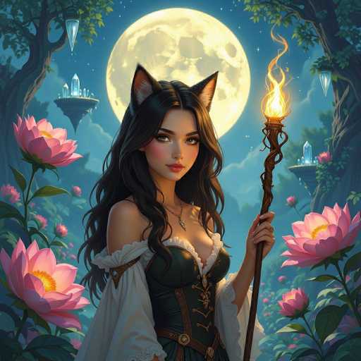 The image depicts a highly detailed, computer-generated scene featuring a young woman with long, dark brown hair and striking green eyes. She is adorned with cat-like ears, adding a whimsical touch to her appearance. Her attire is a green corset with white sleeves, and she wears a necklace with a pendant that rests just above her chest. In her left hand, she holds a staff topped with a glowing flame, suggesting magical abilities.

The background is a mesmerizing night sky filled with stars, dominated by a large, luminous moon. Surrounding her are lush green trees and vibrant pink flowers, creating a serene and enchanting atmosphere. Floating platforms with glowing crystals are scattered throughout the scene, enhancing the mystical ambiance. The overall composition is rich in color and detail, with a harmonious blend of natural and fantastical elements.