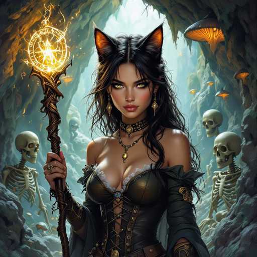 The image depicts a highly detailed, computer-generated fantasy scene featuring a young woman with striking cat-like features. She has long, dark hair with orange-tinged tips, styled into two pointed cat ears. Her eyes are a mesmerizing yellow, and she wears a choker necklace adorned with a gold pendant. Her attire includes a black corset with white frills at the top, laced up the front, and a cape that drapes over her shoulders. She holds a glowing staff in her right hand, which is topped with a circular orb emitting light.

The setting is a cavernous environment, with rocky walls and a ceiling from which large, illuminated mushrooms hang. The background is filled with several human skeletons, some standing and others seated, adding to the eerie atmosphere. The scene is bathed in a mix of blue and white light, enhancing the mystical and otherworldly feel of the image.
