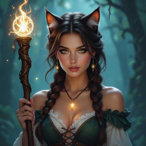 A captivating sorceress with striking, soft brown cat ears peeks through her dark, wavy hair, styled in a loose braid. She holds a staff adorned with glowing silver runes, casting a radiant spell that illuminates the night forest. The image embodies Luis Royo's signature style: dreamlike fantasy, ethereal elegance, and a touch of ancient magic.