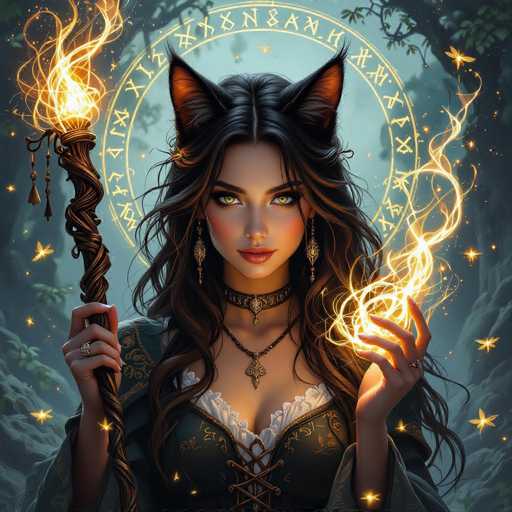 The image depicts a young woman with long, dark brown hair and striking green eyes, adorned with cat-like ears. She is dressed in a medieval-style outfit featuring a green corset with white frills and laces, complemented by a black choker necklace with a pendant. Her attire includes a cape, and she wears rings on both hands. The woman is holding a staff in her right hand, which emits a glowing light, and a glowing ball of light is held in her left hand. Surrounding her are numerous stars and butterflies, adding to the mystical atmosphere. Behind her, a circular symbol with intricate designs is visible, set against a backdrop of a dark, starry sky and rocky terrain. The overall scene is rich with magical elements, creating a captivating and enchanting visual.