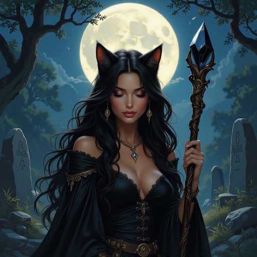 The image depicts a striking, computer-generated scene of a young woman with long, flowing black hair and cat-like ears, standing in a moonlit graveyard. She is adorned in a revealing black dress that exposes her cleavage and shoulders, complemented by a brown belt with a large buckle. Her eyes are closed, and she wears red lipstick, exuding a serene yet mysterious aura. In her left hand, she holds a staff topped with a large, blue crystal. The background features a full moon casting a soft glow over the scene, with gravestones and trees framing the setting, enhancing the eerie and enchanting atmosphere.