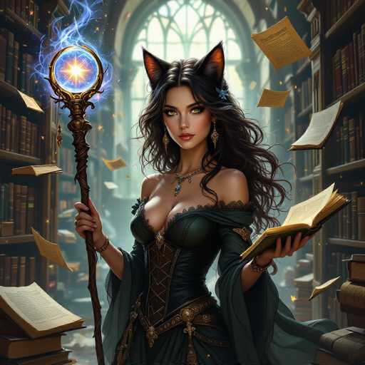 The image depicts a highly detailed, AI-generated fantasy scene featuring a young woman with long, dark brown hair and striking yellow eyes. She is adorned with cat-like ears, which are black on the outside and pink on the inside, adding to her mystical appearance. Her attire is a dark green, low-cut dress with intricate lace details and a corset-like bodice, complemented by a flowing cape. She wears a necklace with a prominent blue gemstone and matching blue earrings. In her right hand, she holds a magical staff with a glowing blue orb at the top, emitting ethereal blue smoke. The background is a grand library filled with numerous books, some of which are open and floating around her, enhancing the enchanting atmosphere. The overall composition suggests a powerful, magical woman in a serene yet mystical setting.