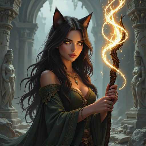This AI-generated image depicts a striking female character with long, flowing black hair and piercing yellow eyes. She is adorned in a green dress with intricate gold trim and a cape that drapes elegantly over her shoulders. Her ensemble is complemented by a gold necklace featuring a green gemstone pendant. The character's most distinctive feature is her cat-like ears, adding a mystical element to her appearance. She holds a brown staff topped with a glowing, yellow light that spirals upwards, suggesting magical abilities. The background reveals a grand, ancient structure with large stone archways and statues of women in flowing robes, enhancing the fantasy atmosphere of the scene.