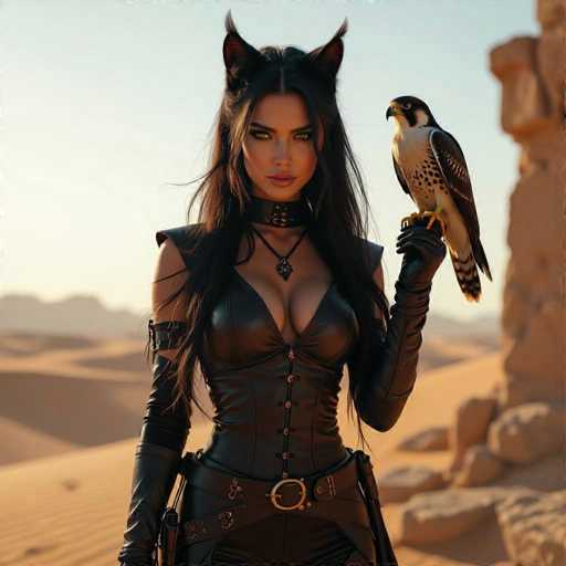 A stunning, detailed digital painting of a woman in a dark leather outfit with cat ears and a falcon on her arm, set against a desert landscape. The woman has long, dark hair, piercing eyes, and is wearing intricate leather armor with a detailed belt. She's holding a majestic falcon on her arm, which is perched comfortably. The background features rolling sand dunes and rocky formations under a warm, hazy sky. The overall style is fantasy-inspired, with a focus on dramatic lighting and intricate details in the clothing and animal. The woman's expression is intense, looking directly at the viewer with a confident gaze.