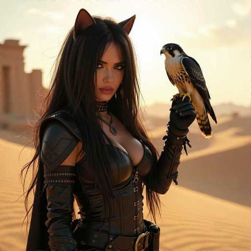 A woman with long, dark hair and cat ears sits in a desert landscape, holding a falcon. She wears a black leather outfit with intricate details and a choker necklace. The background is a warm, hazy desert scene with distant, ancient-looking structures. The overall style is fantasy-inspired, emphasizing a dramatic and slightly mystical atmosphere.
