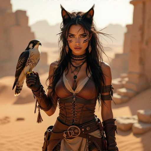 A stunning digital painting of a woman with long, dark hair and cat ears, wearing a detailed leather outfit adorned with intricate details. She is holding a majestic falcon in her left arm, looking directly at the viewer with an intense gaze. The background is a warm, desert landscape with soft, hazy mountains in the distance. The overall lighting is soft and golden, creating a mystical and captivating atmosphere.