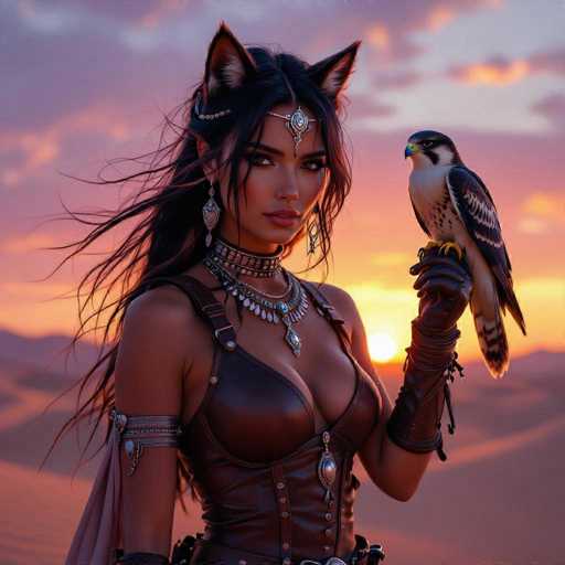 A stunning digital painting of a beautiful woman with long, flowing black hair and feline ears, adorned in intricate leather armor. She's holding a majestic falcon on her gloved hand, set against a breathtaking sunset backdrop of warm oranges and purples. The woman's expression is captivating, with piercing eyes looking directly at the viewer. Her attire features detailed embellishments and a silver necklace with a prominent pendant, complementing her overall fantasy aesthetic. The lighting is soft yet dramatic, highlighting the textures of the leather and feathers.