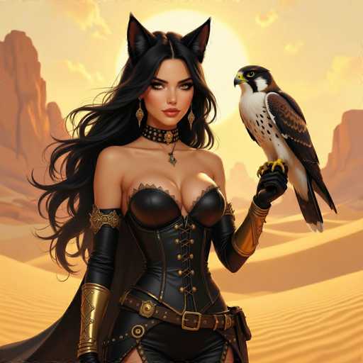 This AI-generated image depicts a strikingly detailed scene of a woman standing in a vast desert landscape. The woman, who has long black hair and cat-like ears, is adorned in a black corset with gold accents, paired with matching black gloves. Her attire is complemented by a cape and a belt with a prominent buckle. Perched on her left hand is a majestic bird of prey, possibly a hawk or falcon, characterized by its white chest, black and white speckled belly, and brown wings. The bird's head is predominantly black with a distinctive white stripe, and it has a yellow beak. The background features a large sun partially obscured by clouds, casting a warm glow over the scene. The woman's eyes are a captivating brown, and her lips are painted a bold red, adding to her fierce and alluring presence.
