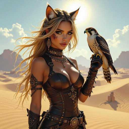 A stunning digital painting of a beautiful woman with long, flowing blonde hair and cat ears, dressed in intricate black leather armor. She is holding a majestic golden falcon on her gloved hand, set against a vast, sun-drenched desert landscape. The woman's expression is confident and captivating, with a subtle tribal tattoo on her cheek. The overall style is fantasy-inspired, emphasizing detail and dramatic lighting.