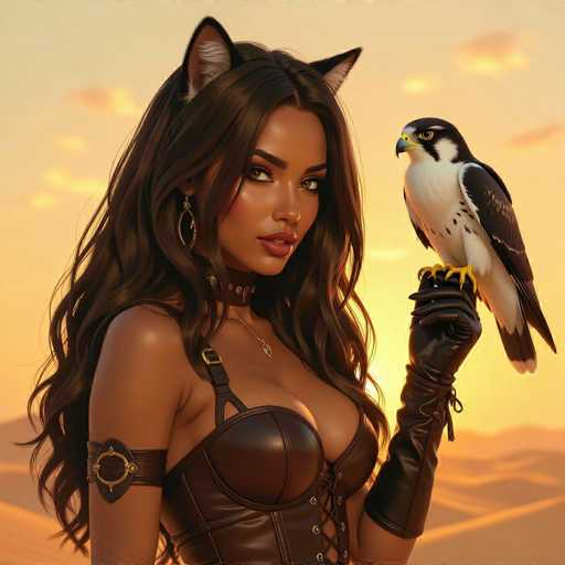 A stunning digital painting of a beautiful woman with long, flowing brown hair and striking features. She has warm skin tones and piercing eyes, adorned with delicate gold earrings. Her attire is a dark brown leather corset-style top and black leather gloves, with a detailed golden cuff on her left arm. She's holding a majestic peregrine falcon perched gently on her outstretched hand, the bird's sharp talons delicately gripping her fingers. The background is a soft, warm sunset with hazy orange and yellow tones, suggesting an outdoor setting. The overall style is detailed and realistic, emphasizing the woman's captivating gaze and the serene connection with the falcon. The lighting is soft and golden, highlighting her features and the textures of the leather.