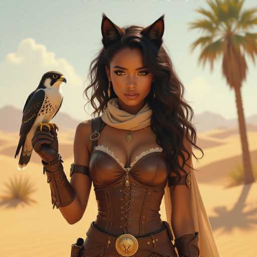 A stunning digital painting depicts a woman in a desert setting, holding a falcon on her gloved arm. She's adorned in a brown leather corset and ornate details, with dark, flowing hair and cat-like ears. The background features a warm, sandy landscape under a partly cloudy sky with palm trees, creating a fantasy-inspired aesthetic. The overall style is detailed and realistic, emphasizing texture and light.