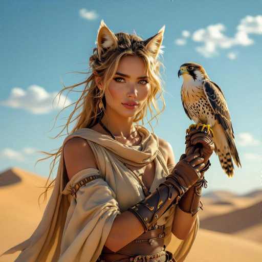 A stunning digital painting of a beautiful woman with long, flowing blonde hair and striking green eyes. She's dressed in a light beige, draped outfit with leather accents on her arms and waist. Her hair is styled with pointed, golden-brown ears that resemble a fox or wolf, and she's wearing delicate gold earrings. She holds a majestic golden-brown falcon perched on her outstretched hand, the bird's sharp talons gently gripping her fingers. The background is a warm, sandy desert landscape under a clear, bright blue sky with fluffy white clouds. The overall lighting is soft and golden, highlighting the woman's features and the falcon's plumage. The style is reminiscent of fantasy art, with a focus on detail and a sense of serene power.