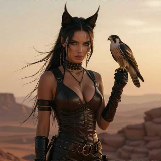 A stunning digital painting of a woman with long, flowing black hair and cat-like ears, wearing a dark leather outfit adorned with buckles and straps. She's holding a majestic falcon on her gloved hand, looking directly at the viewer with an intense gaze. The background is a warm, desert landscape with soft, hazy colors and distant rock formations under a bright sky. The overall style is detailed and realistic, with a focus on dramatic lighting and texture.