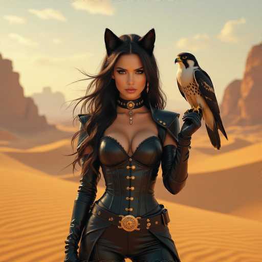 In this AI-generated image, a woman stands confidently in a vast desert landscape. She is adorned in a striking black leather corset, which is accentuated by a prominent gold belt buckle. Her attire includes long black leather gloves that extend up to her biceps, adding to her formidable appearance. A black leather choker with a gold pendant graces her neck, complementing her outfit. Her long, dark brown hair cascades down, and atop her head, she wears a pair of black cat ears, giving her a feline allure. Her eyes are accentuated with black eyeliner, and her lips are painted a bold red, enhancing her captivating gaze. Perched on her left hand is a majestic bird of prey, possibly a hawk or a falcon, with a white chest, black wings, and a distinctive black head. The background features a serene blue sky dotted with white clouds, and the desert's golden sand stretches out behind her, creating a dramatic and picturesque setting.