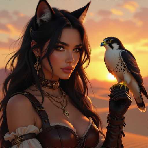 The image depicts a strikingly realistic AI-generated or digitally painted scene of a woman with long, dark hair and cat ears, standing against a backdrop of a sunset over a desert landscape. She is adorned in a corset-like top with white frills and leather straps, complemented by a choker necklace and multiple other necklaces. Her attire includes a black leather glove on her left hand, which is extended to the right side of the image, where a majestic bird of prey, possibly a hawk or falcon, perches. The bird features a white chest, black wings, a yellow beak, and piercing yellow eyes. The woman's gaze is directed towards the viewer, her expression serene and captivating. The sky behind her is a blend of orange and gray hues, with clouds tinged by the setting sun, creating a dramatic and enchanting atmosphere.