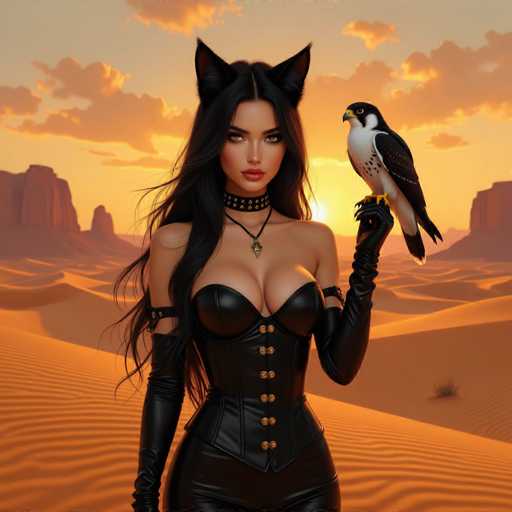 In this captivating image, a woman stands gracefully in a vast desert landscape, framed by towering sand dunes and distant plateaus. The sky above is a mesmerizing blend of blue and orange hues, with the sun setting behind her, casting a warm glow over the scene. She is adorned in a striking black leather corset, accentuated with gold buttons, and paired with matching leather gloves that extend up to her elbows. Her long, flowing black hair cascades down her back, and she wears a choker around her neck. Adding to her unique appearance, she sports cat-like ears atop her head. In her left hand, she holds a majestic bird of prey, possibly a hawk or falcon, characterized by its white chest, black wings, and yellow beak. The bird's piercing gaze is directed towards her, creating a powerful connection between the two. The overall composition of the image exudes a sense of mystery and allure, capturing a moment of serene beauty in the wild.
