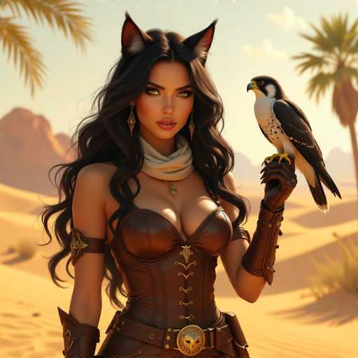 A stunning digital painting of a beautiful woman with long, flowing black hair and striking green eyes. She is dressed in a detailed brown leather outfit with intricate gold accents, including a corset-style top and armored sleeves. She wears a light beige scarf around her neck and ornate gold earrings. Her hair is styled with large, curled waves, and she has a pair of cat-like ears on her head. She is holding a majestic golden-brown falcon with sharp talons in her outstretched hand, looking directly at the viewer with a confident and captivating gaze. The background is a warm, golden desert landscape with palm trees on either side, bathed in soft sunlight. The overall style is fantasy-inspired and highly detailed, with a focus on dramatic lighting and rich textures.