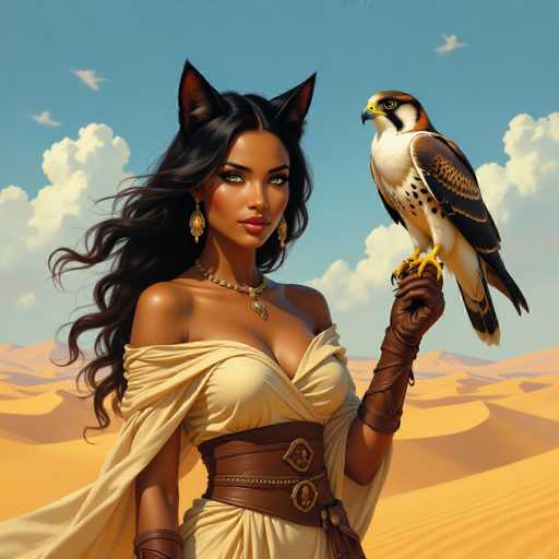 A stunning, digitally-rendered portrait of a woman with long, dark hair and cat ears, adorned in an off-shoulder beige dress and brown leather belt. She holds a majestic golden-brown and white falcon perched on her gloved hand, set against a warm, sandy desert landscape under a bright sky with fluffy clouds. The art style is highly detailed and realistic, emphasizing soft lighting and a slightly fantastical aesthetic.