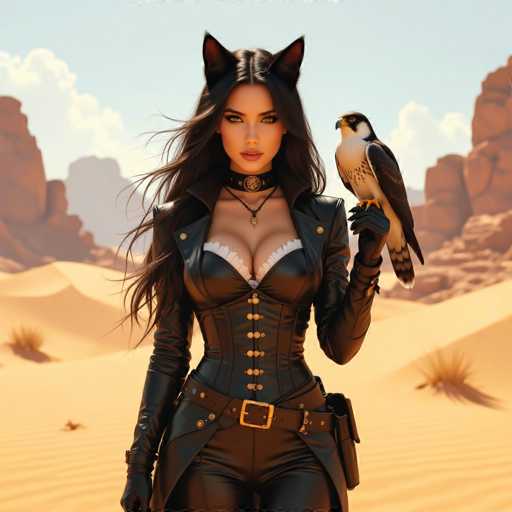 A stunning digital artwork depicts a woman in a desert setting, embodying a fantasy aesthetic. She's clad in a black leather outfit with a corset, long sleeves, and matching pants, adorned with a decorative belt. A majestic falcon perches on her gloved hand, its sharp talons gently gripping her fingers. Her long, dark hair flows in the wind, and she wears a black choker with a detailed pendant. The background features rolling sand dunes under a bright sky, creating a dramatic and evocative scene. The overall style is detailed and painterly, with soft lighting emphasizing the textures of the leather and feathers.