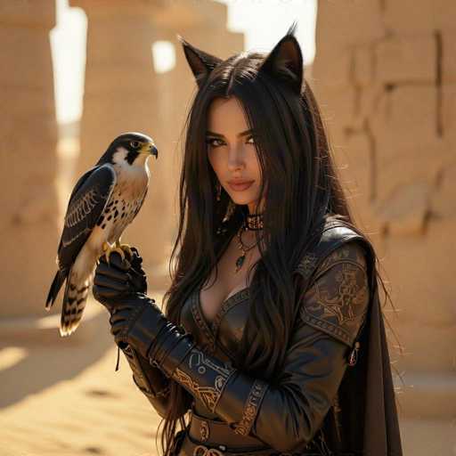 A woman with long, dark hair and cat ears is holding a falcon in her gloved hands. She's wearing a black leather outfit with intricate detailing and a cape, set against a warm, desert-like backdrop. The lighting is soft and golden, highlighting the woman's features and the falcon's plumage.