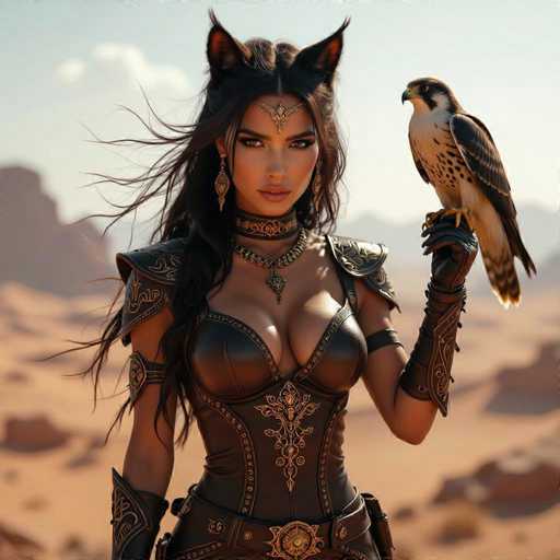 A stunning digital painting depicts a captivating fantasy warrior woman in a desert setting. She's adorned in intricate, dark leather armor with ornate gold detailing, complemented by a matching headdress featuring cat-like ears. A majestic golden falcon perches on her gloved hand, its sharp talons gently gripping her fingers. Her long, dark hair flows dramatically in the wind, and she gazes directly at the viewer with a confident, intense expression. The background is a warm, sandy desert landscape under a bright sky, creating a powerful and evocative scene. The art style is highly detailed and realistic, with a focus on texture and dramatic lighting.