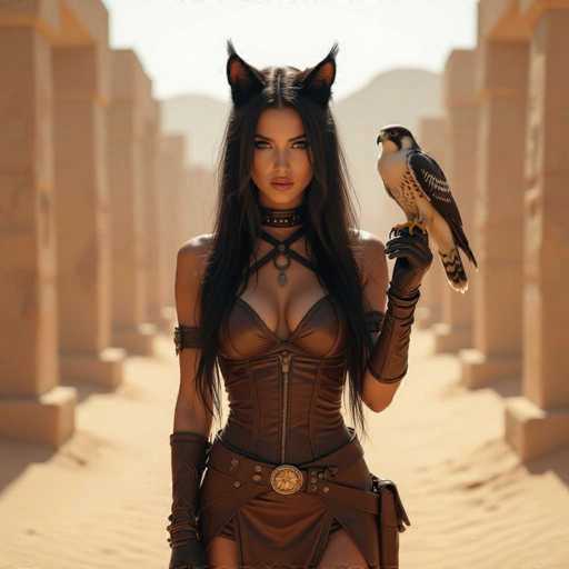 A stunning, full-body portrait of a woman dressed in an elaborate brown leather outfit with cat ears and a falcon, set against a warm, desert-like backdrop. The woman has long, dark hair and piercing eyes, looking directly at the viewer with a confident gaze. She is holding a majestic falcon on her gloved hand, and wears intricate leather details like a belt buckle with a golden design. The overall lighting is soft and warm, enhancing the dramatic atmosphere of the image.